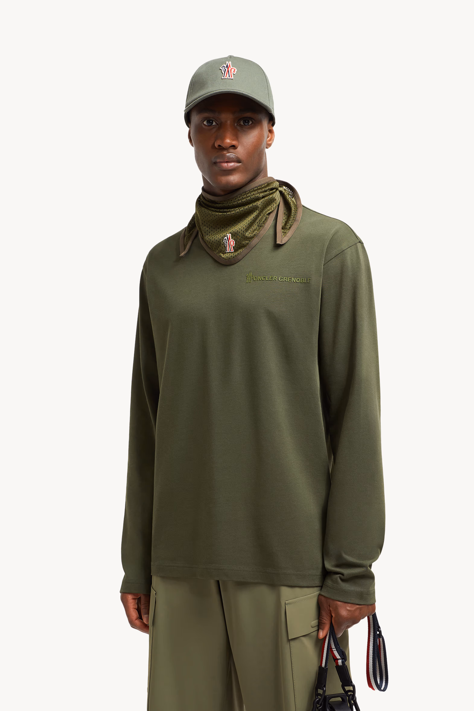 Camiseta de algodón de manga larga con logotipo Hombre Verde Oliva Moncler 0